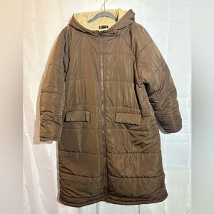 Brown Knee-Length Winter Coat with Hood and Pockets  - Size XL